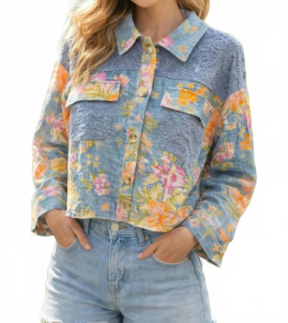 NEW MYSTREE mixed media floral denim jacket in blue mix